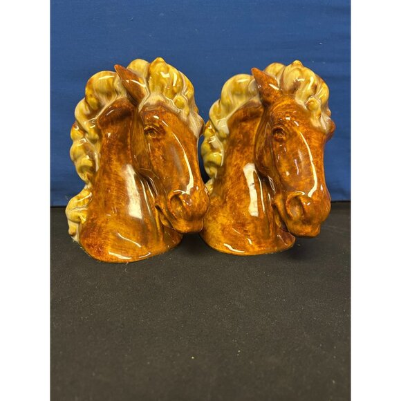 Vintage Ceramic Horse Head Bookends Brown & Cream Glossy Finish 6.5" Tall Home D - Picture 1 of 4